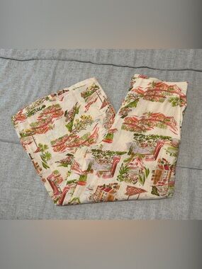 Cynthia Rowley Cream Wide-Leg Pants with Pink, Green & Brown Scenic Print